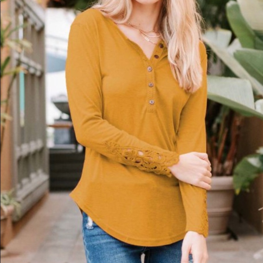 NWT Mustard Yellow Lace Accent Long Sleeve Top- XL